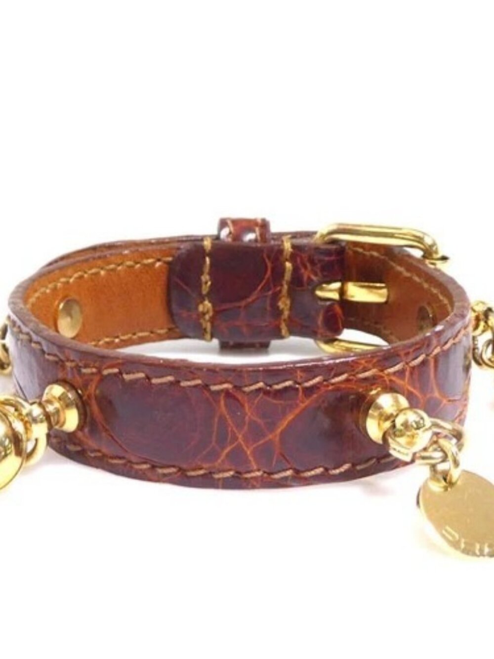 Auth PRADA Bracelet Brown/Gold Embossed Leather/Metal - e60709a